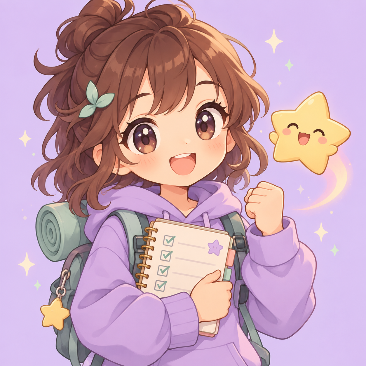 Mascote anime com caderno de tarefas e estrelinha